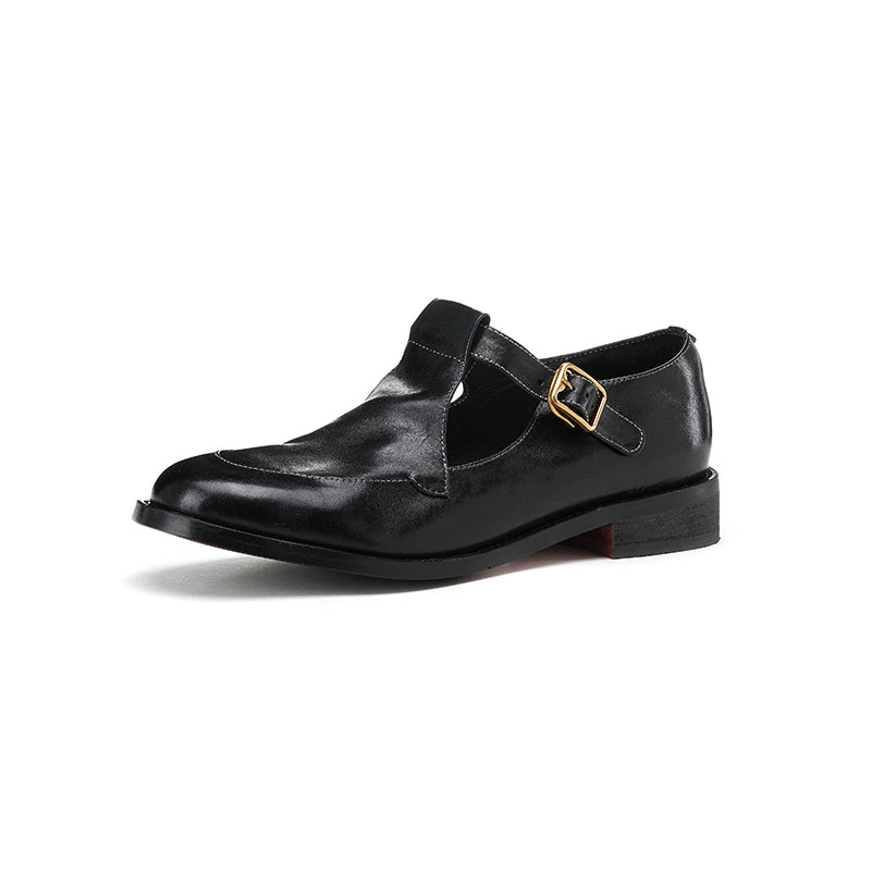 Vintage British Style Soft Leather Mary Jane Shoes Horse Leather T-Strap Sandals Pink/Yellow/Black