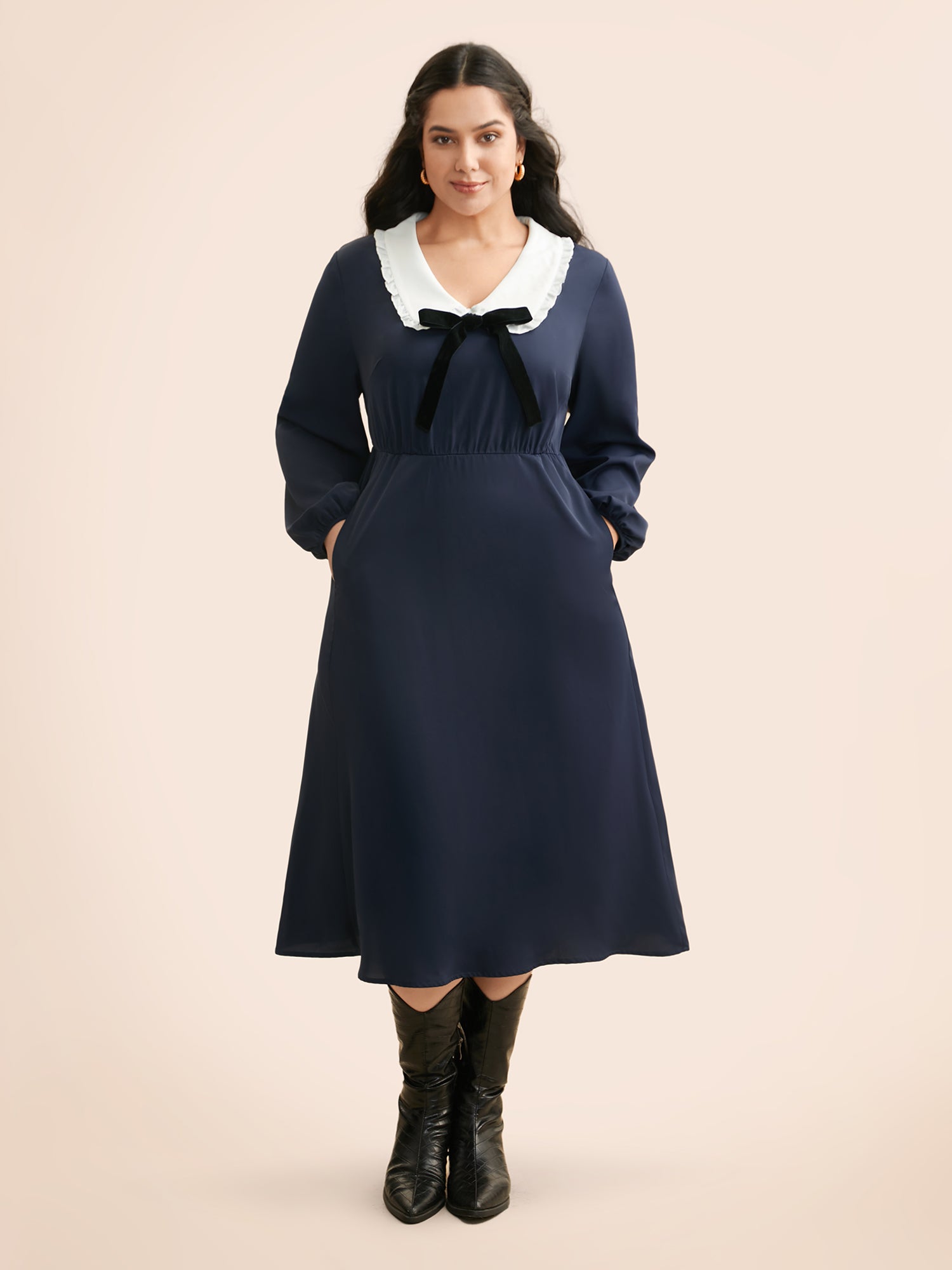 Lapel Collar Bowknot Frill Trim Dress