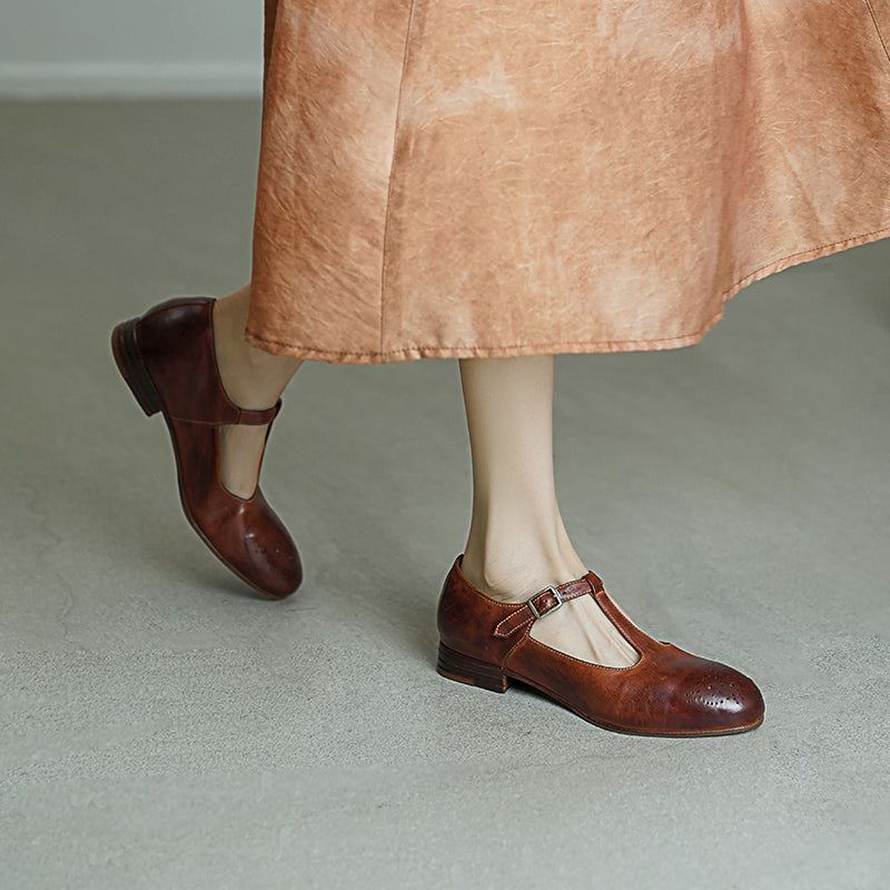 Vintage Washed Horse Leather T-Strap Brogue Mary Jane Shoes in Red/Black/Brown