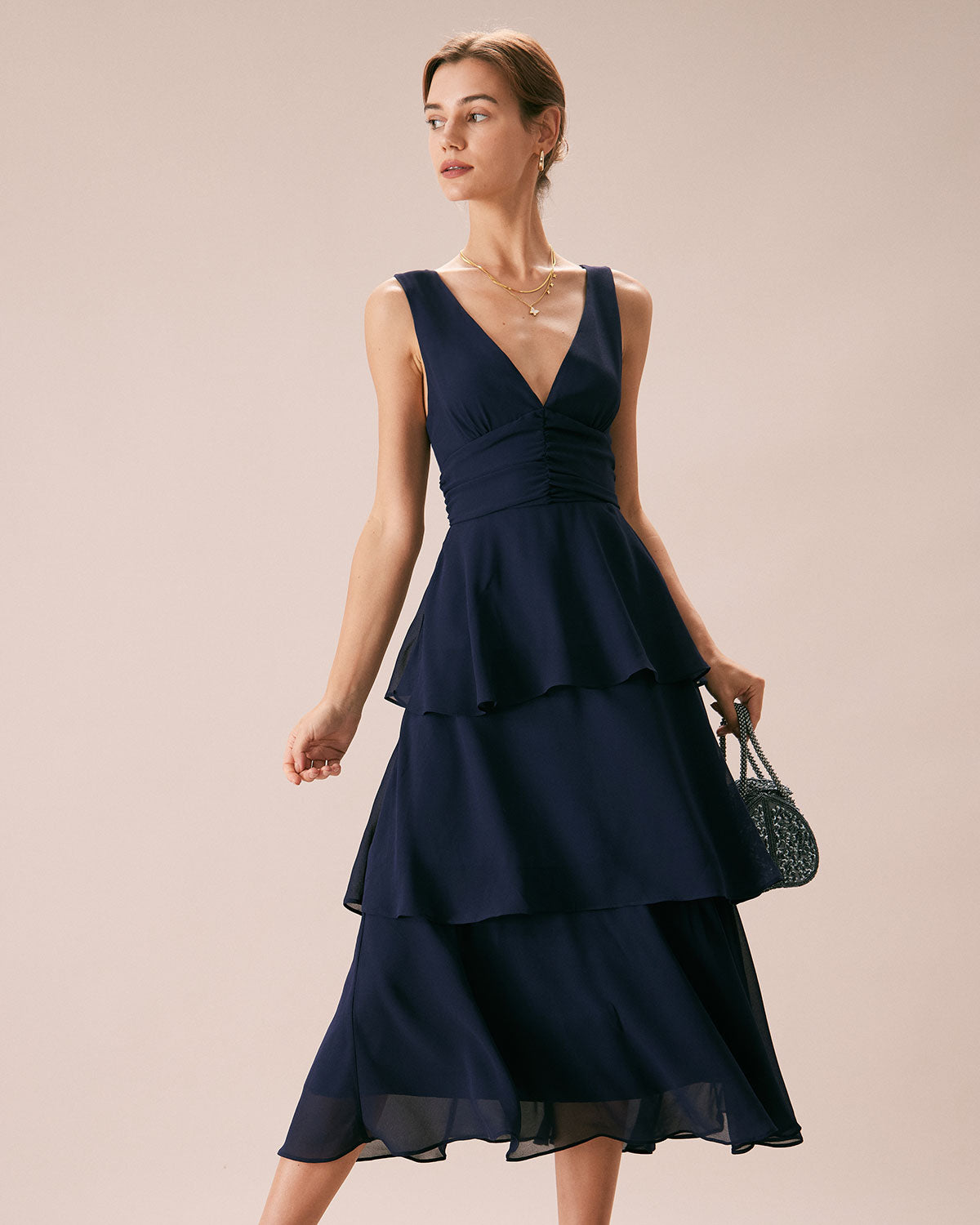 The Navy V Neck Ruffle Layered Midi Dress