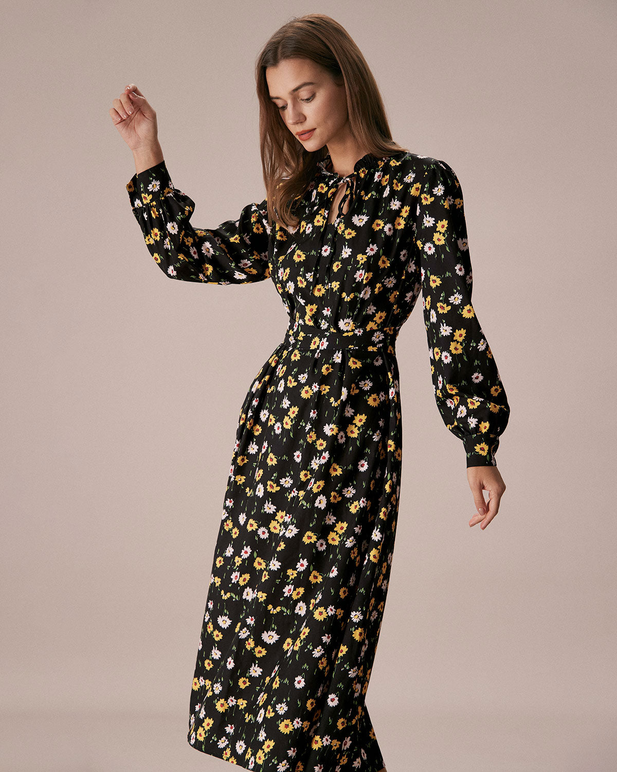 The Black Tie Neck Floral Ruched Midi Dress