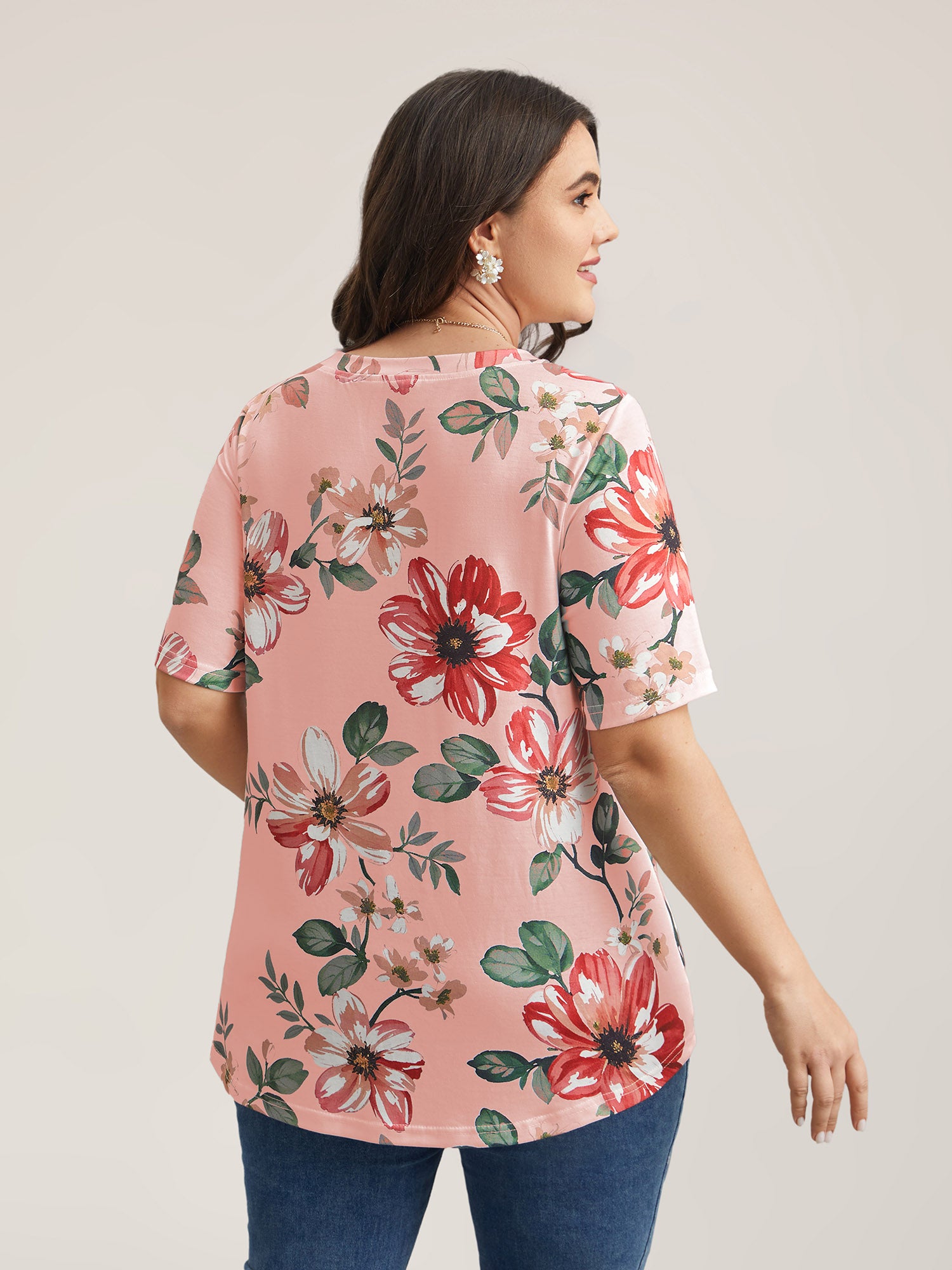 Multi-Color Floral Print V-Neck T-Shirt