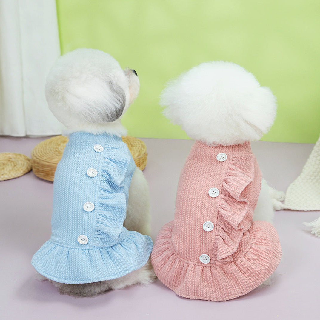 Buttoned Ruffled Knitted Dog Cat Dress