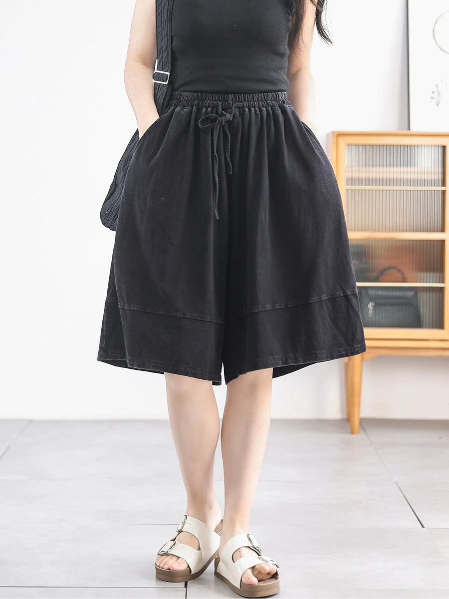 Women Summer Retro Pure Color Cotton Fifth Pants
