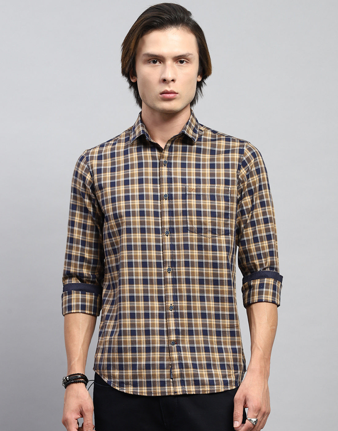 Men Brown Check Collar Full Sleeve Shirt