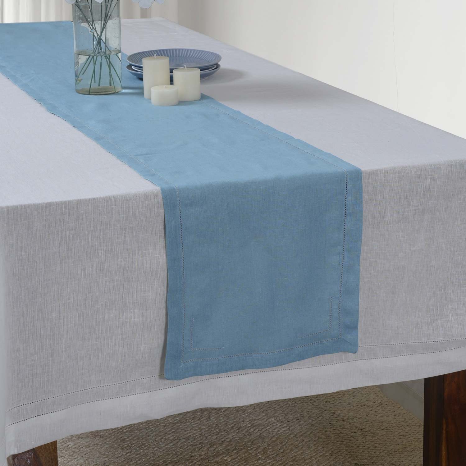 Dusty Blue 100% Linen Incomplete Hemstitch Table Runner 72
