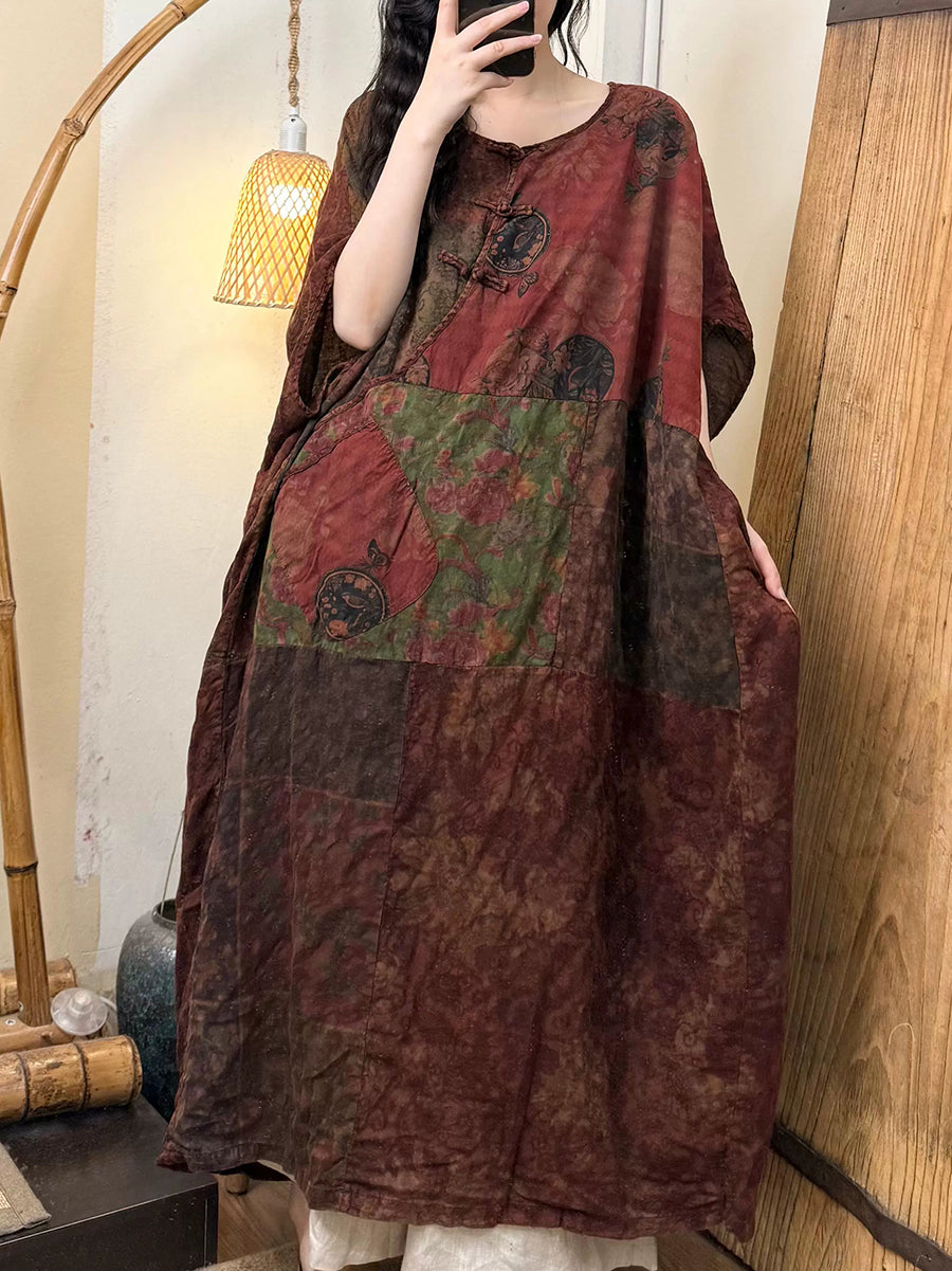 Women Summer Vintage Flower O-Neck Linen Cotton Dress