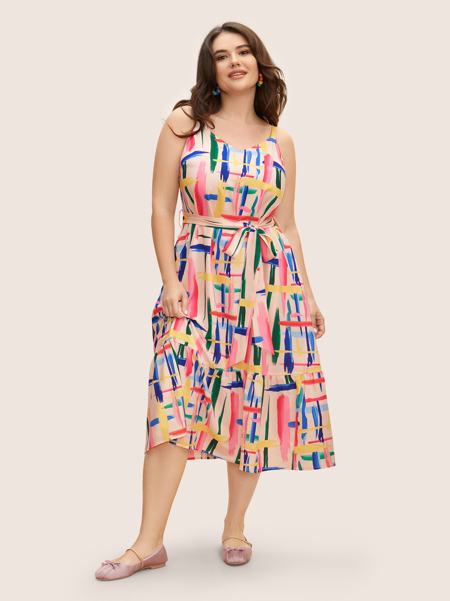 Colored Brush Print Belted Midi Cami Dress