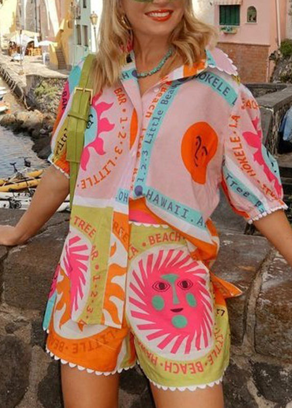 Fashion Rainbow Print Shirts And Shorts Two Piece Set Short Sleeve