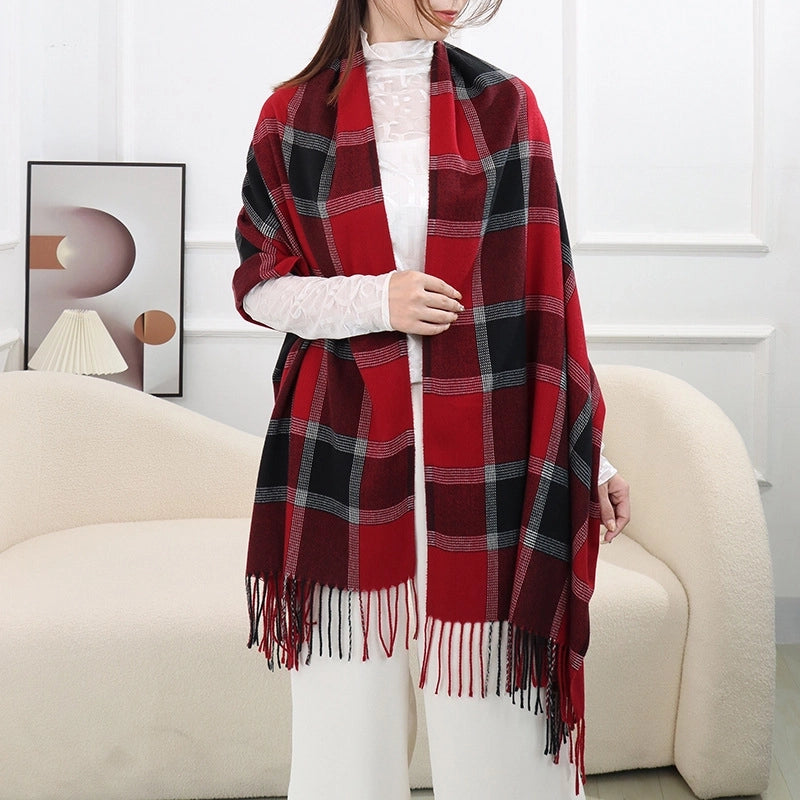 New Cashmere Scarf Women's Double Plaid Shawl Autumn And Winter Warm Tassel Long Couple Scarf