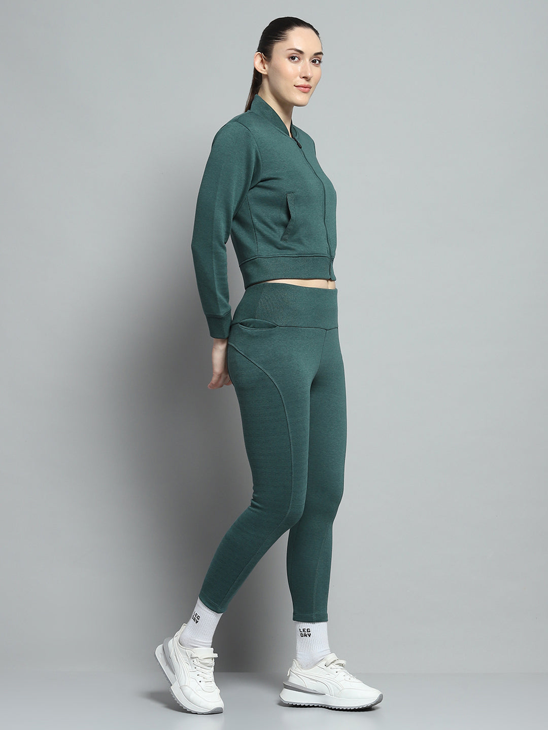 Women Teal Blue Solid Mock Neck Full Sleeve Tracksuit