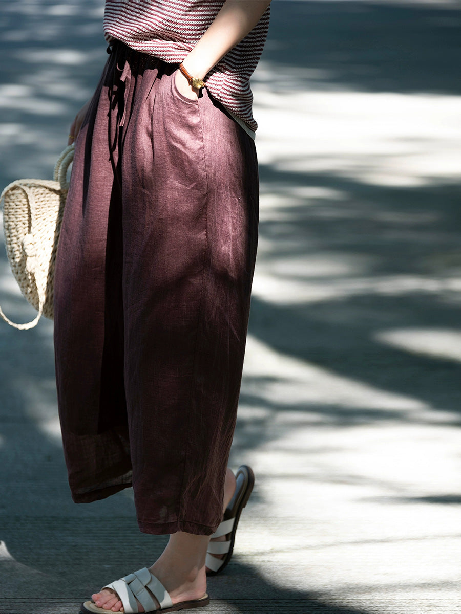 Women Summer Pure Color 100%Ramie Wide-leg Pants