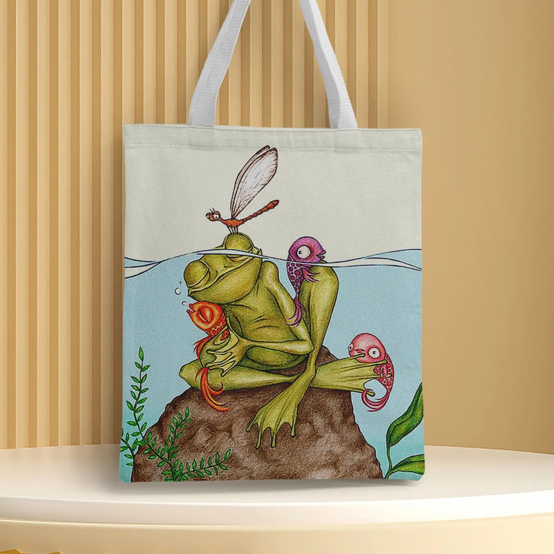 Women's Medium Canvas Frog Basic Classic Style Square Open Canvas Bag