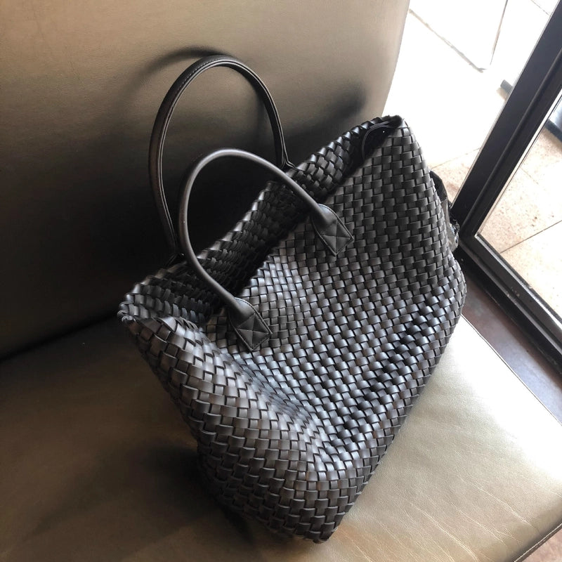 Women's Large Pu Leather Solid Color Streetwear Weave Square Open Tote Bag