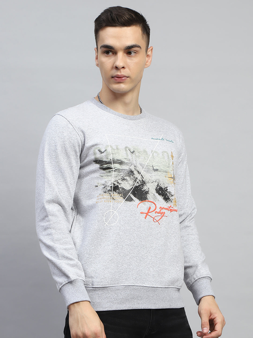 Men Grey Printed Round Neck Full Sleeve Sweatshirt