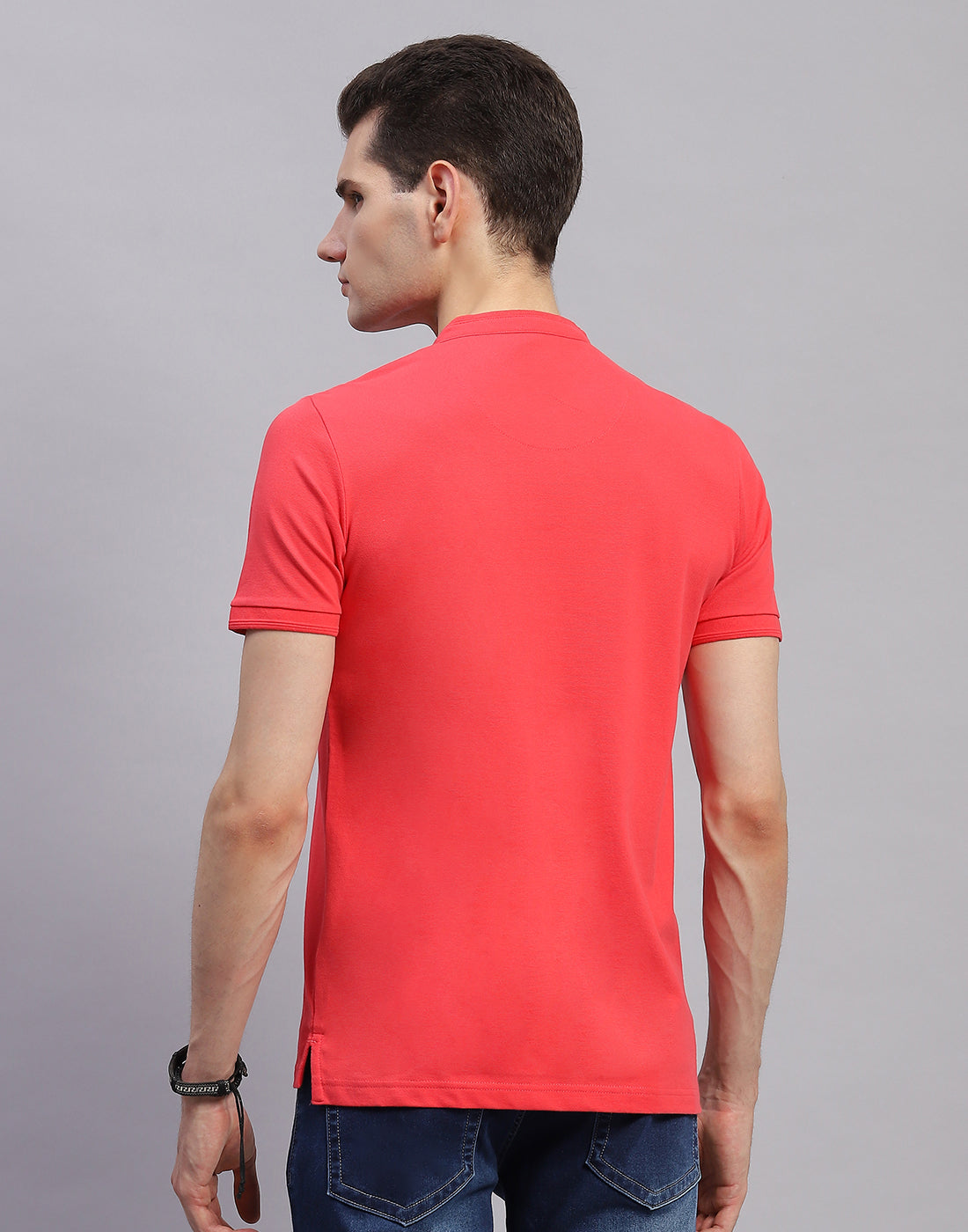 Men Pink Solid Band Collar Half Sleeve T-Shirt