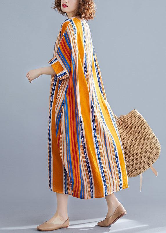 Plus Size Orange O-Neck Striped Summer Cotton Maxi Dresses