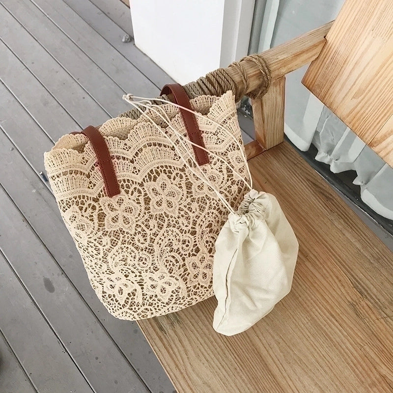 Women's Medium Spring&summer Cotton Beach Shoulder Bag Bucket Bag Straw Bag