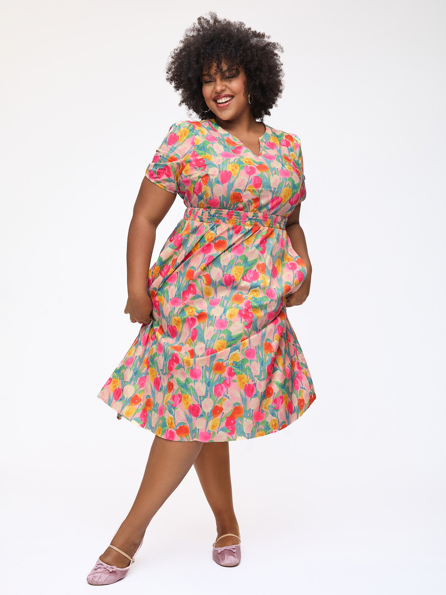 Cotton Rosy Garden Shirred Waist Pockets Midi Dress
