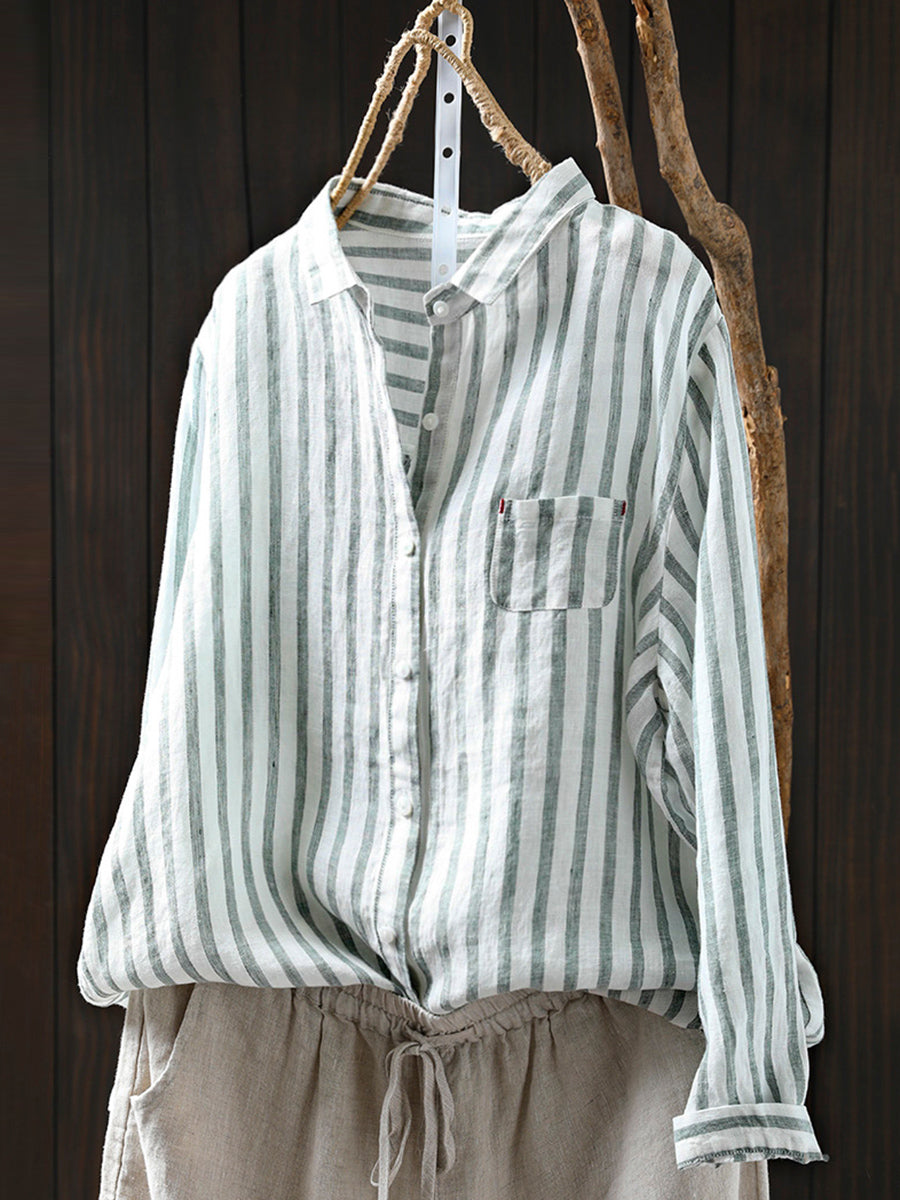 Women Summer Stripe Turn-down Collar 100%Linen Shirt