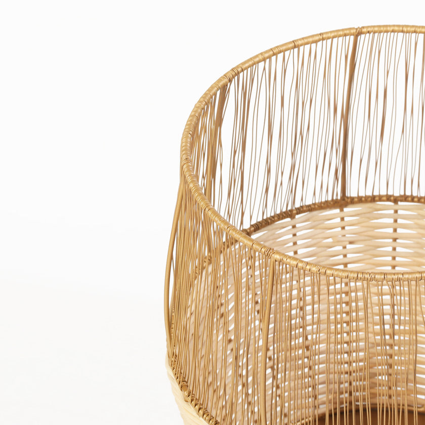 Metal and Rattan Open Basket - Dull Gold