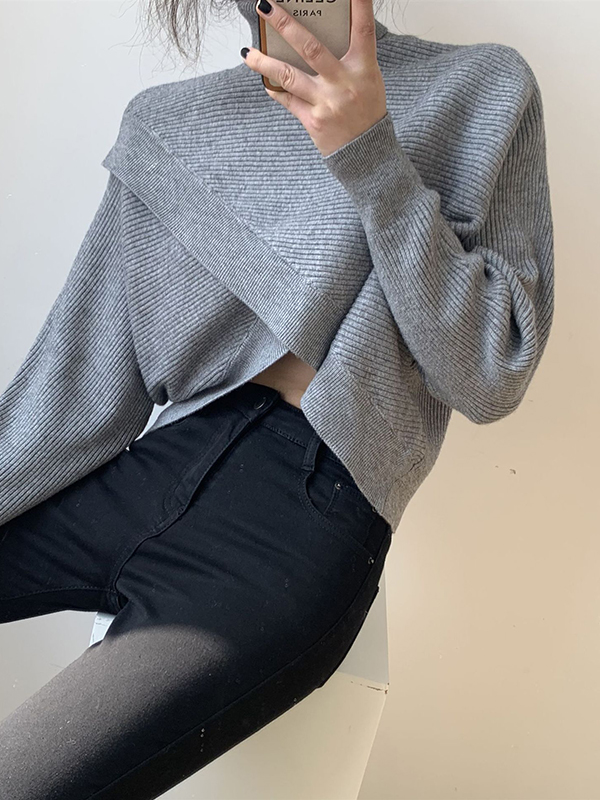 Long Sleeves Asymmetric Solid Color Split-Front High-Neck Knitwear Pullovers Sweater