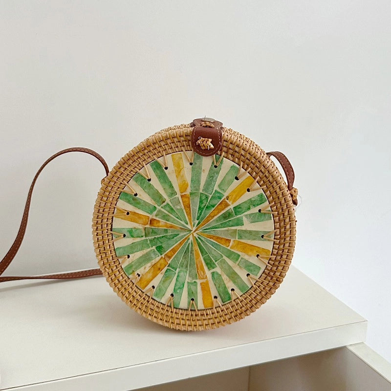 Women's Medium Rattan Floral Elegant Magnetic Buckle Dome Bag