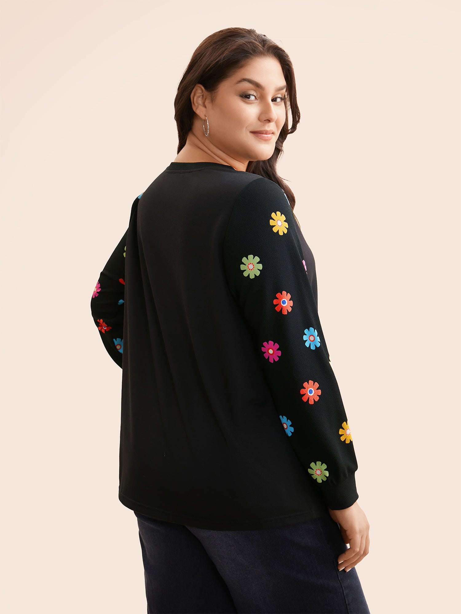 V Neck Floral Slightly Stretchy Sweatshirt