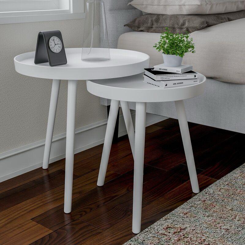3 in 1 Wooden Table White Round End Tables White Wooden Nesting Coffee Tea Living Room Lounge Bedside Table