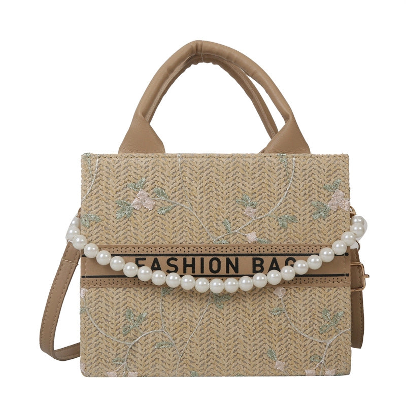 Women's Pu Leather Straw Letter Flower Elegant Vacation Pearls Square Open Shoulder Bag Handbag Crossbody Bag