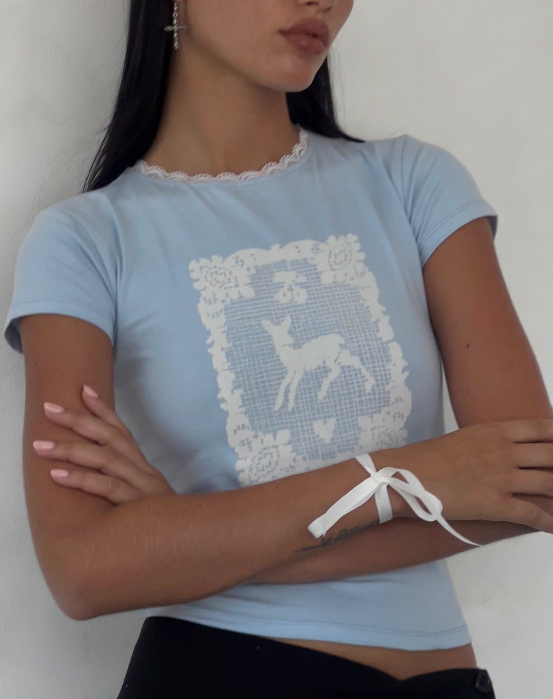 Zagy Short Sleeve Tee in Powder Blue with Deer Motif