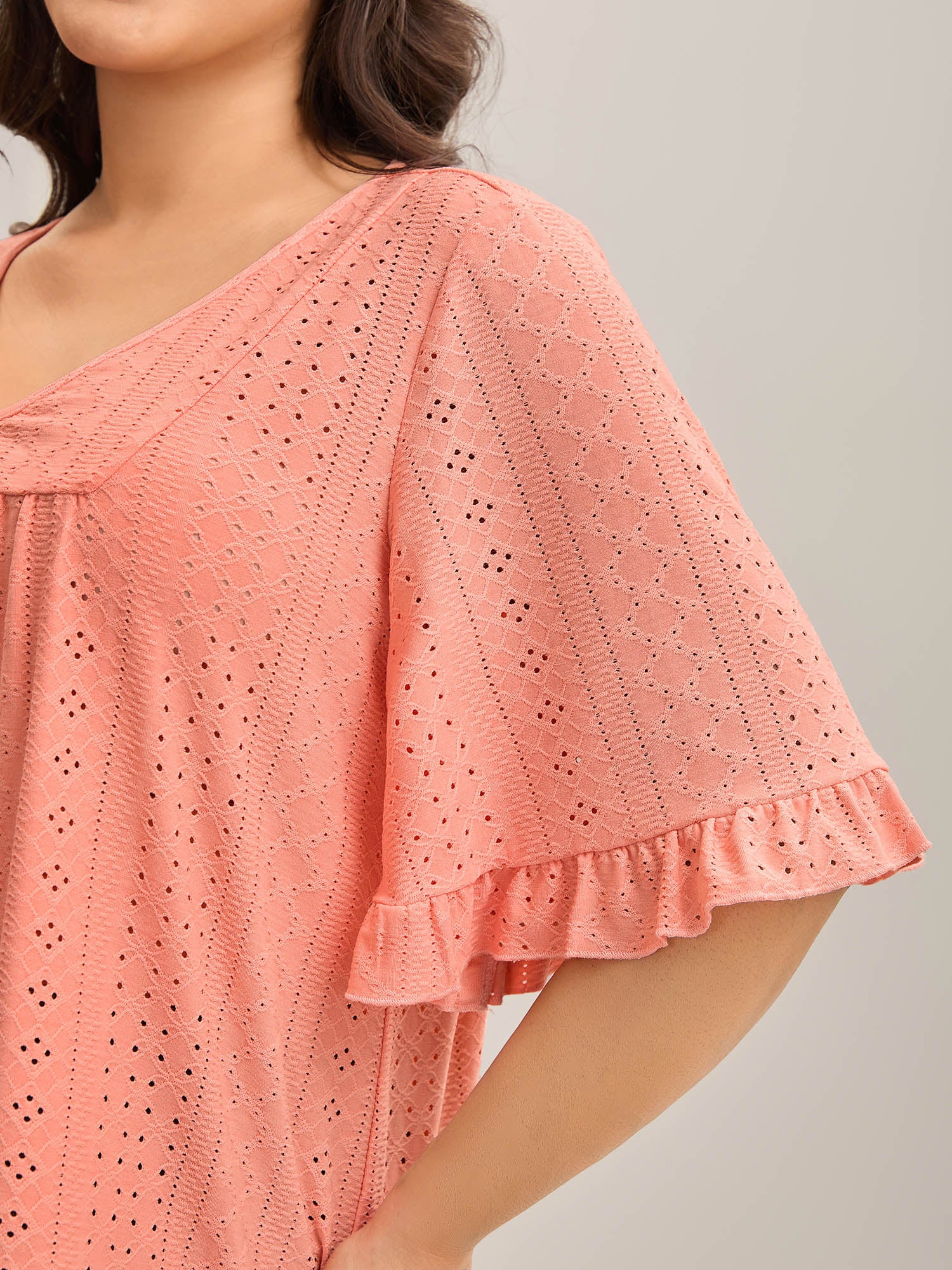 Eyelet Trim Ruffled Sleeve Knit Top