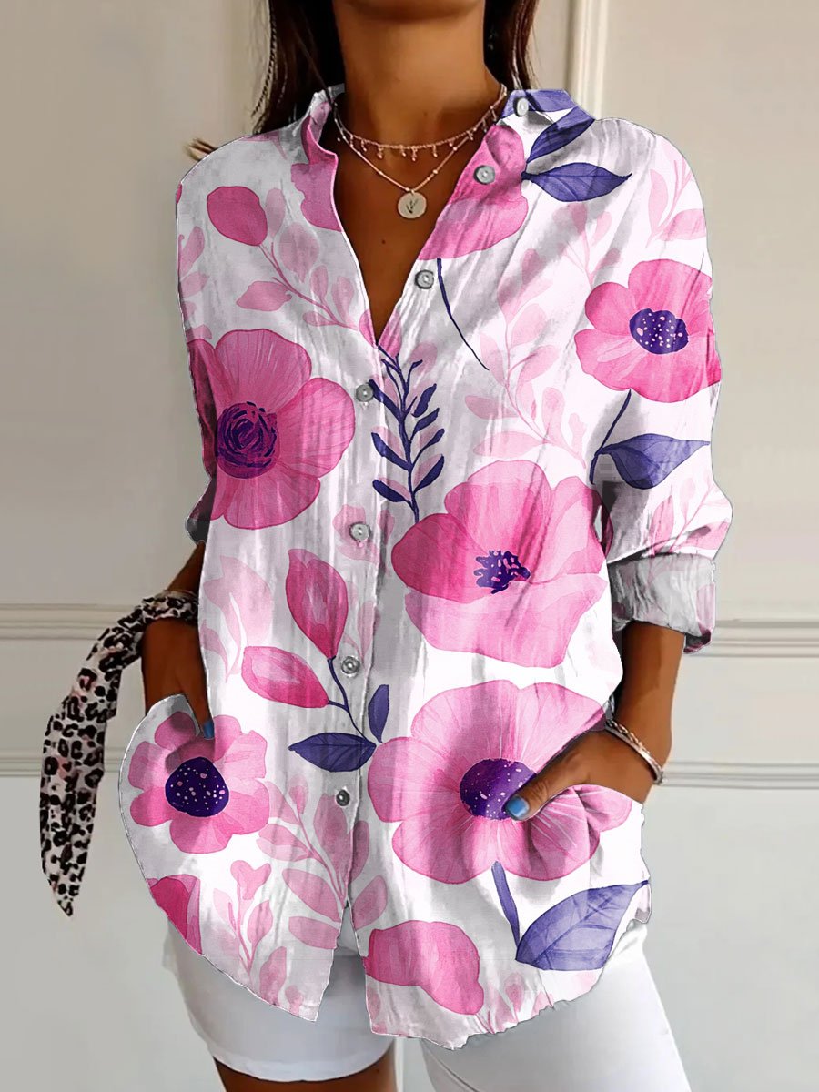 Women's Breast Cancer Awareness Print Casual Cotton Shirt