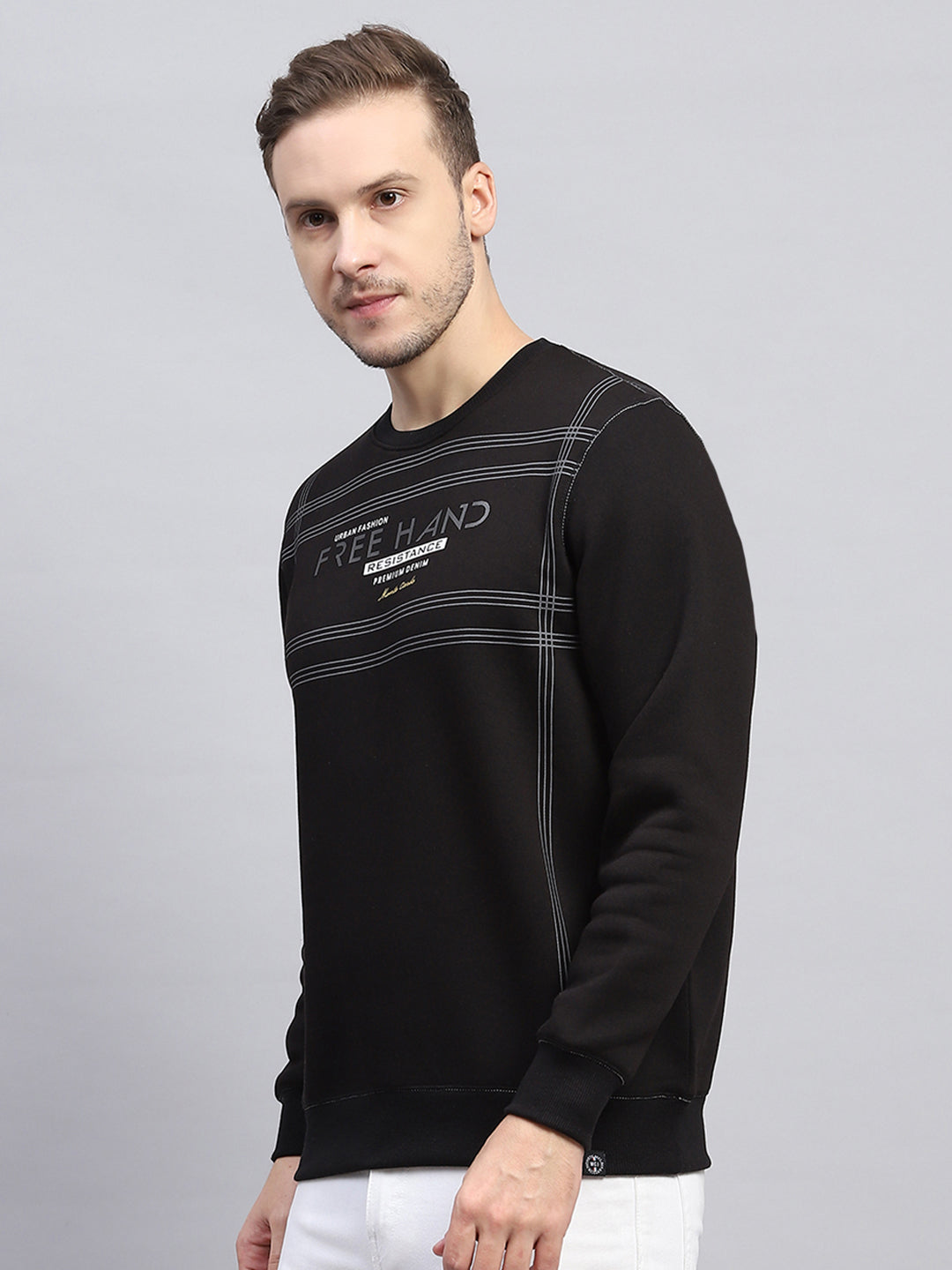 Men Black Printed Round Neck Full Sleeve Sweatshirt