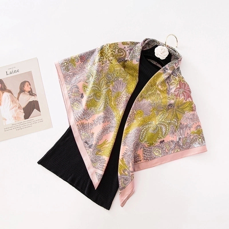 Women's Basic Minimalist Color Block Flower Satin Silk Scarf