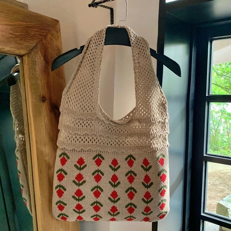 Women's Medium Knit Flower Vintage Style Weave Open Shoulder Bag