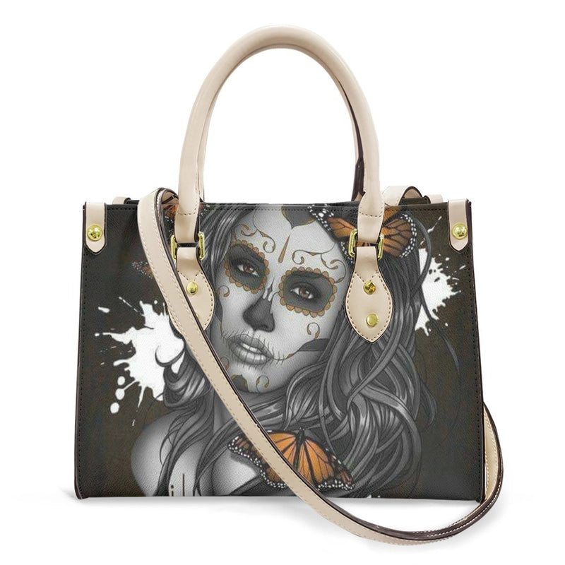 Halloween Women's Medium Pu Leather Human Floral Streetwear Square Hook Loop Customized Tote Bag