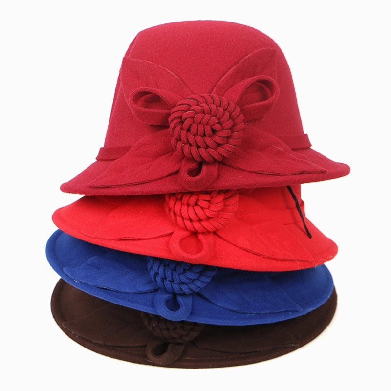 Autumn And Winter Woolen Top Hat Women's Dome Top Hat Solid Color Woolen Hat  Fashion Flower Lady Temperament Basin Hat