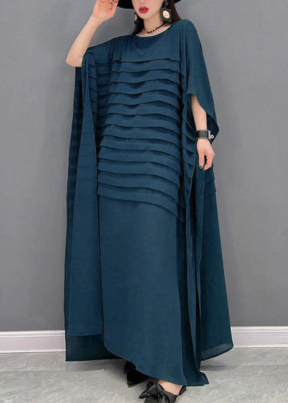 Bohemian Green O-Neck Striped Chiffon Ankle Dress Batwing Sleeve