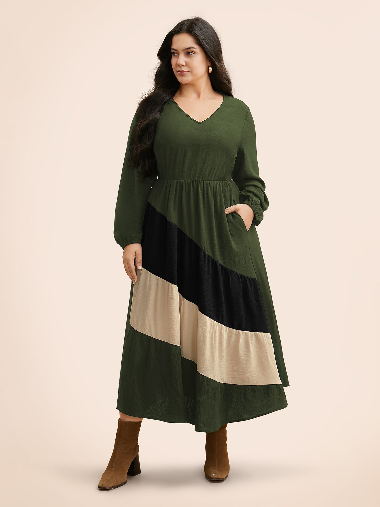 Colorblock Contrast Gathered Lantern Sleeve Dress