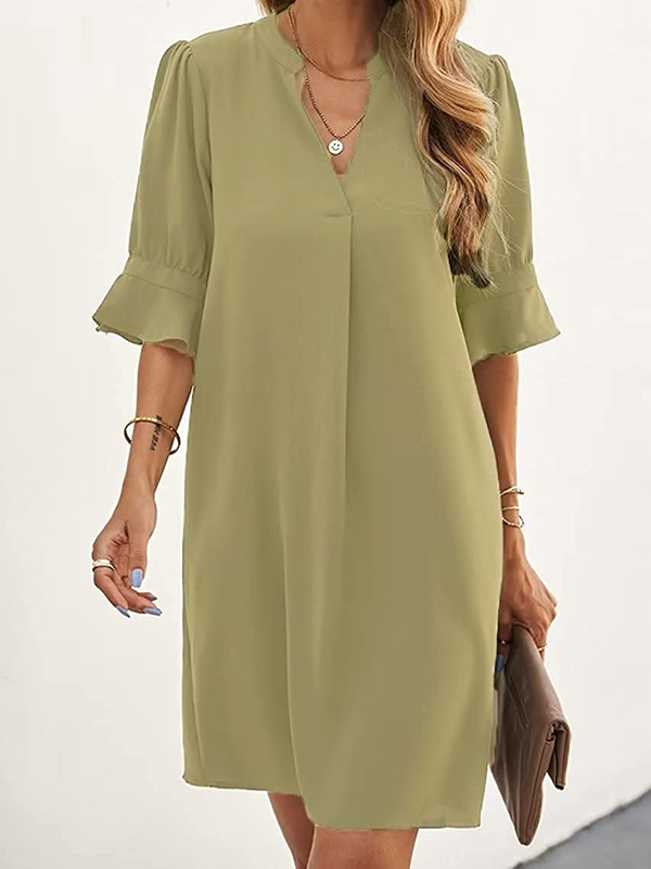 A-Line Flared Sleeves Pleated Ruffled Solid Color Split-Joint V-Neck Mini Dresses