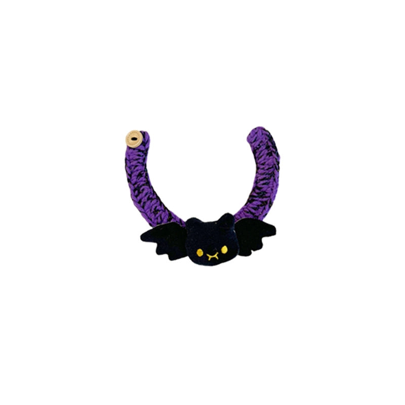 Halloween Cat Collar Crocheted Dried Minnows Small Bat Ornaments Cat Dog Wool Purple Scarf