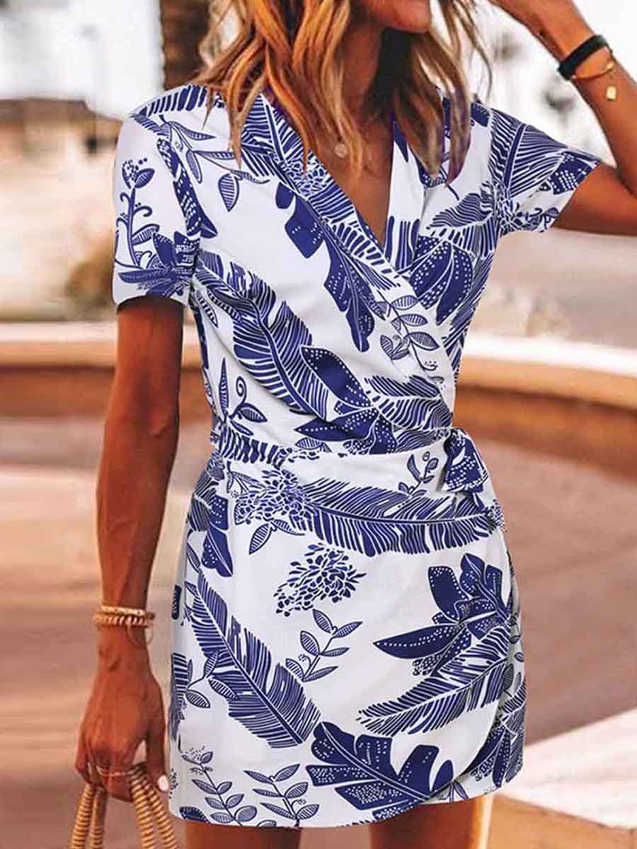 collar and leaf print mini dress