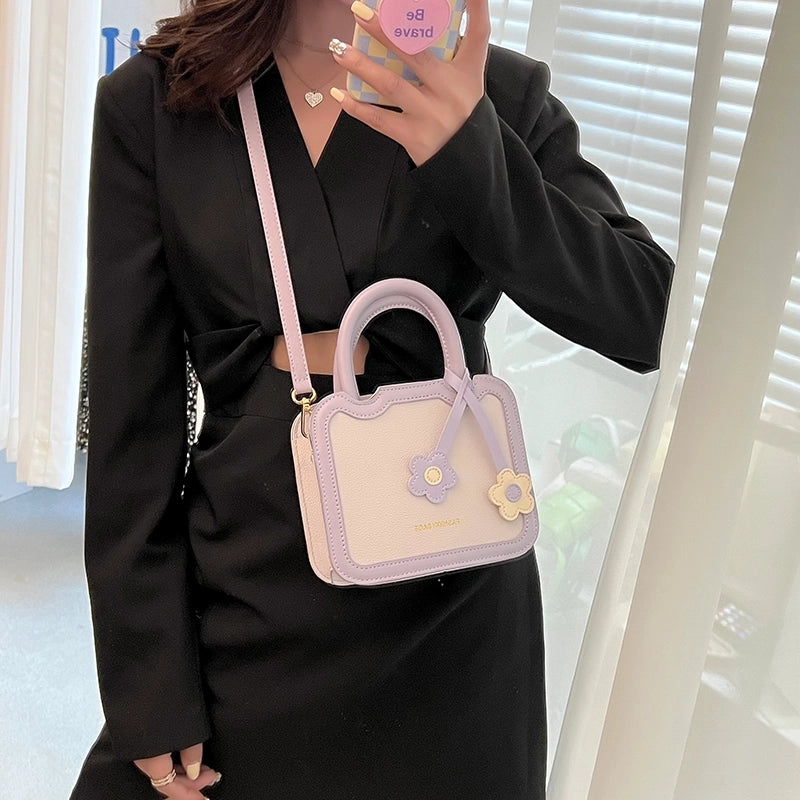 Women's Medium Pu Leather Color Block Cute Classic Style Sewing Thread Zipper Crossbody Bag