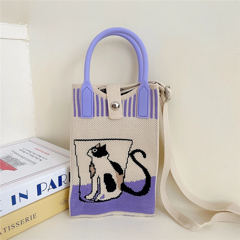 Women's Small Knit Cat Vintage Style Classic Style Bucket Buckle Handbag
