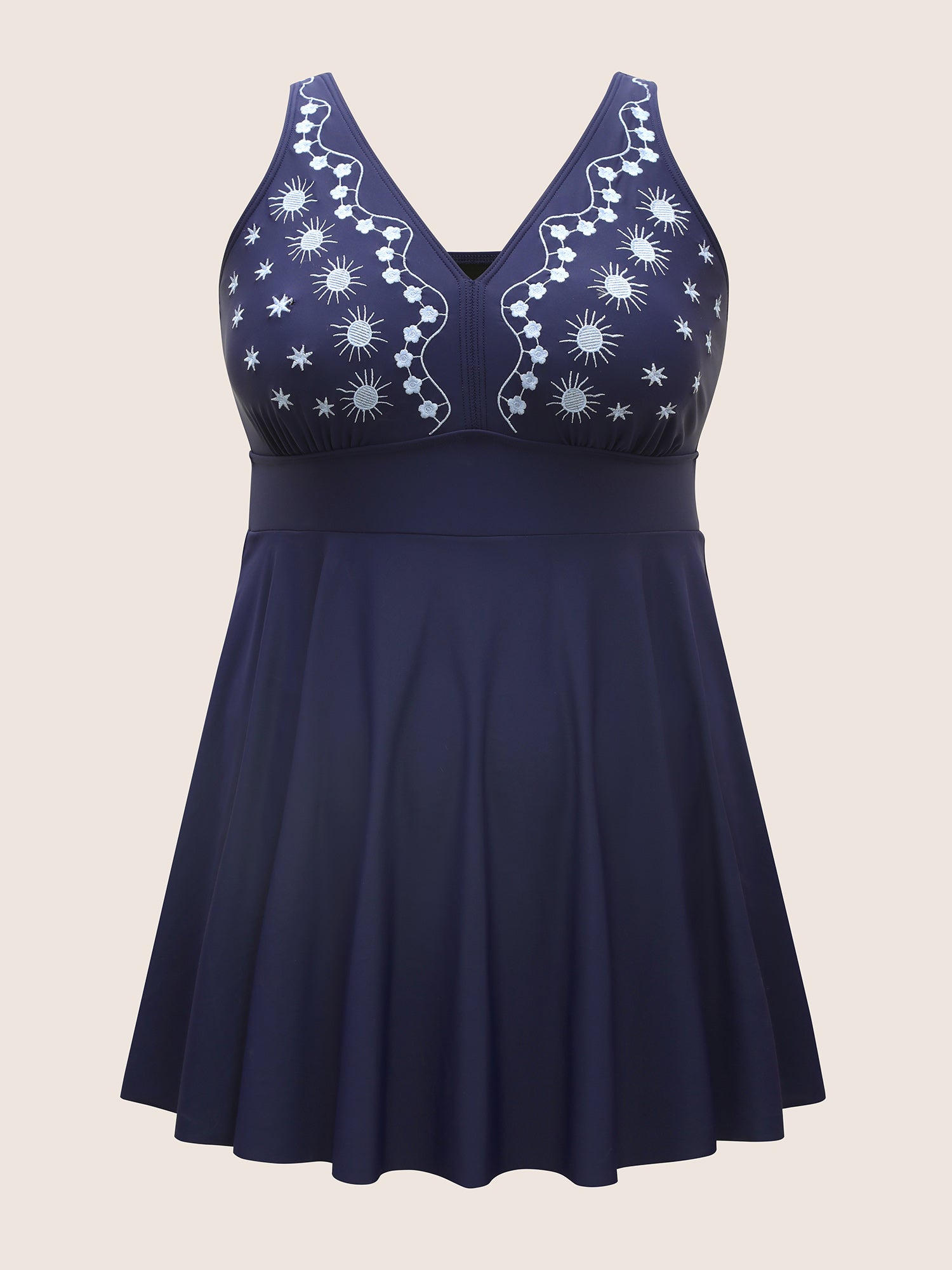 V Neck Moon & Star Embroidered Gathered Swim Dress