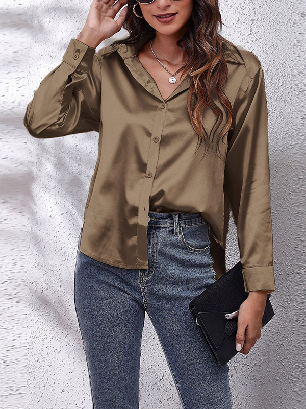 Long Sleeves Loose Solid Color Lapel Blouses&Shirts Tops
