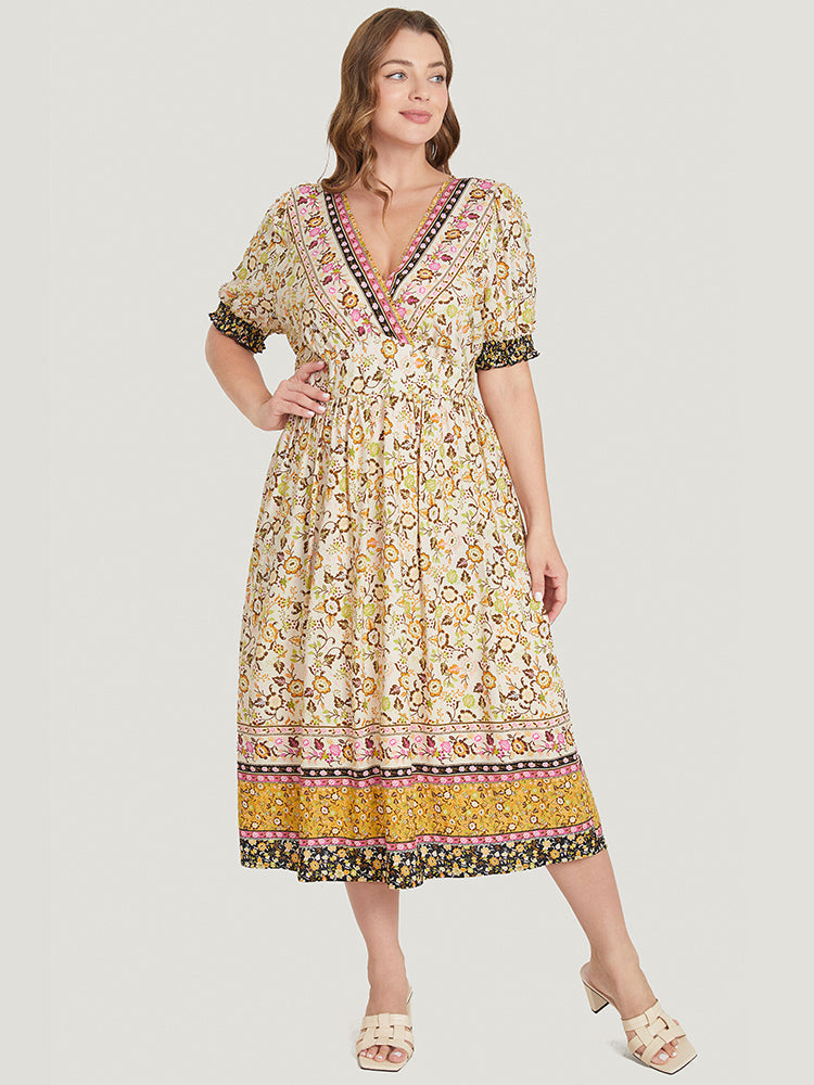 Bandana Print Surplice Neck Pocket Shirred Puff Sleeve Dress