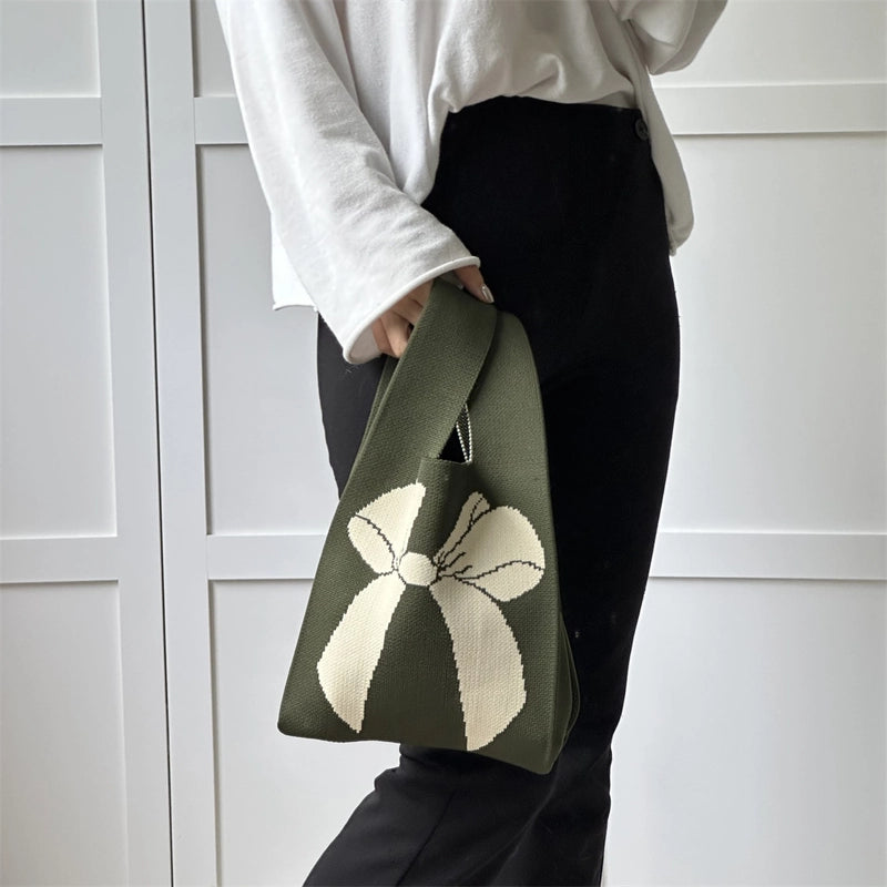 Women's Small Knit Printing Lattice Flower Elegant Classic Style Square Open Handbag