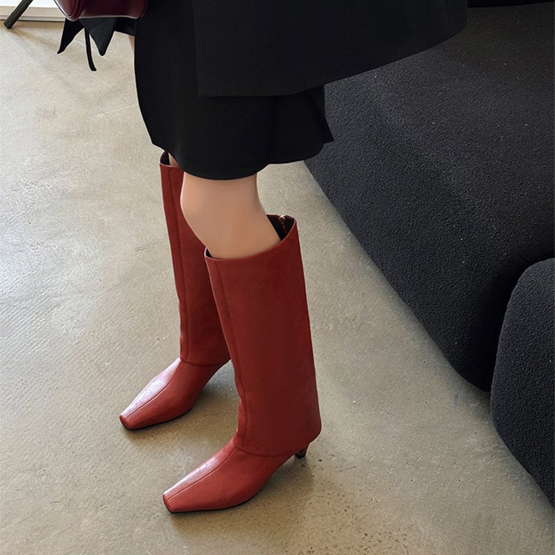 Genuine Leather Square Toe Kitten Heel Knee High Boots For Women In Black/Red